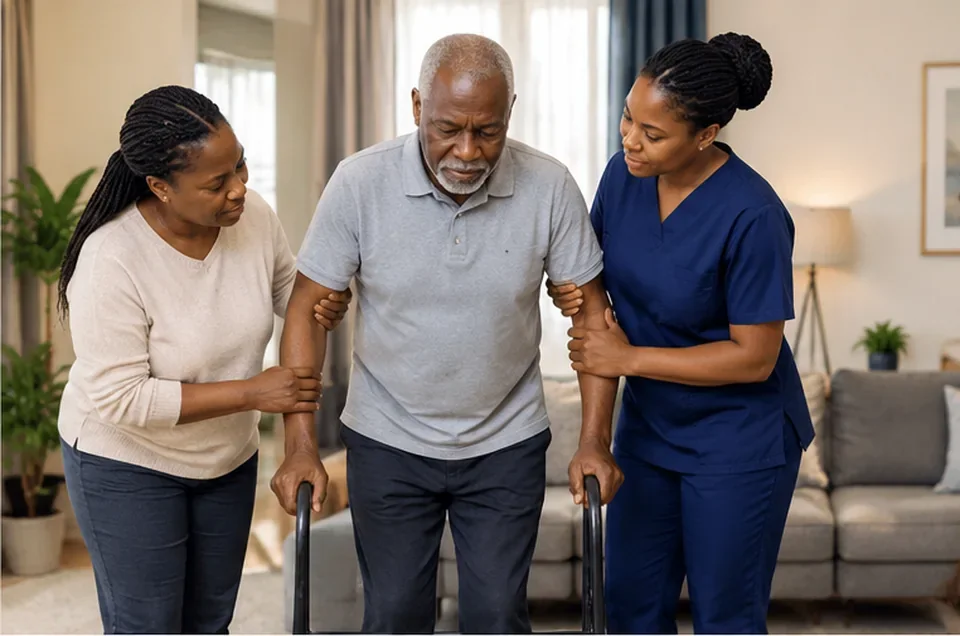 Family member and physiotherapist supporting an older man during mobility exercises at home
