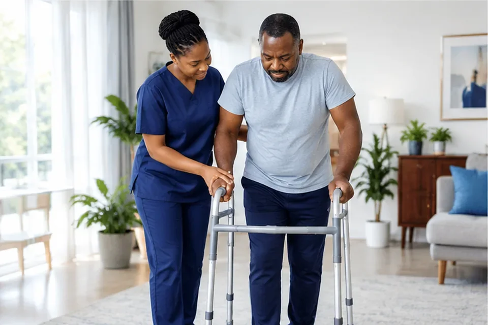 Physiotherapist guiding a man through supported walking practice with a walker at home