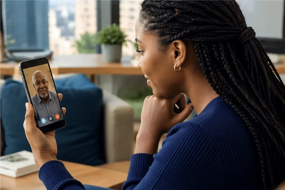 Woman arranging care remotely during a video call with an older family member